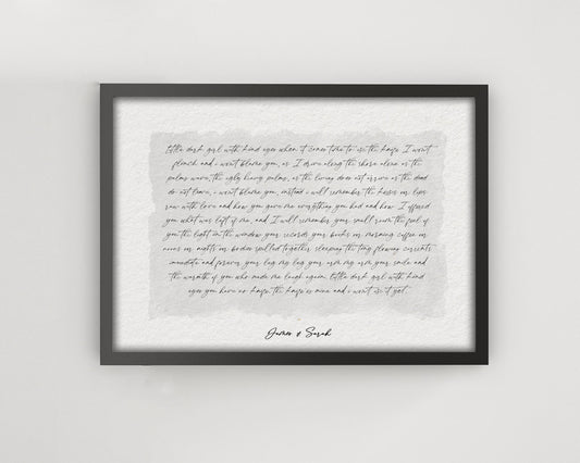 100% cotton print, custom wedding song poster framed, paper anniversary and cotton anniversary, custom print song lyrics, poem print cotton paper