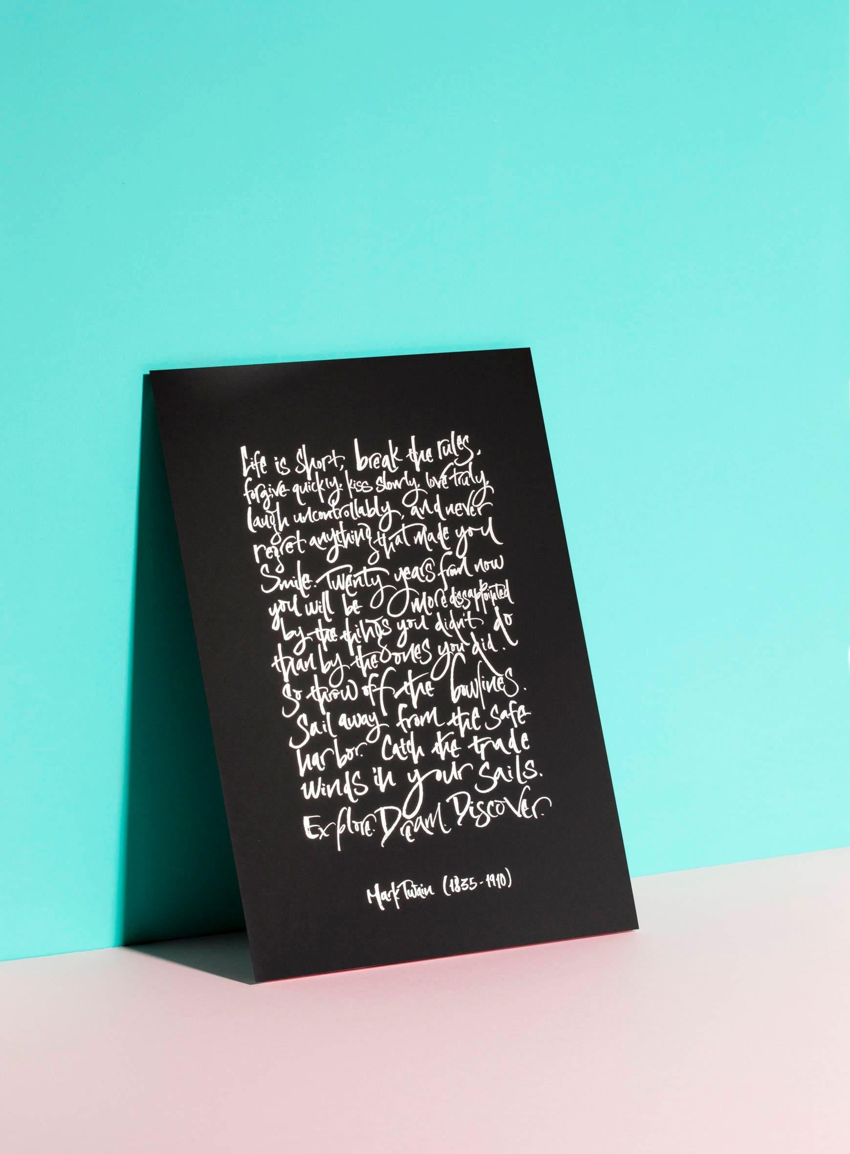 Mark Twain Framed Print- Life Is Short Quote Print Calligraphy Foiled - Motivational Quote Silver Foil Artwork - Mark Twain Framed Poster