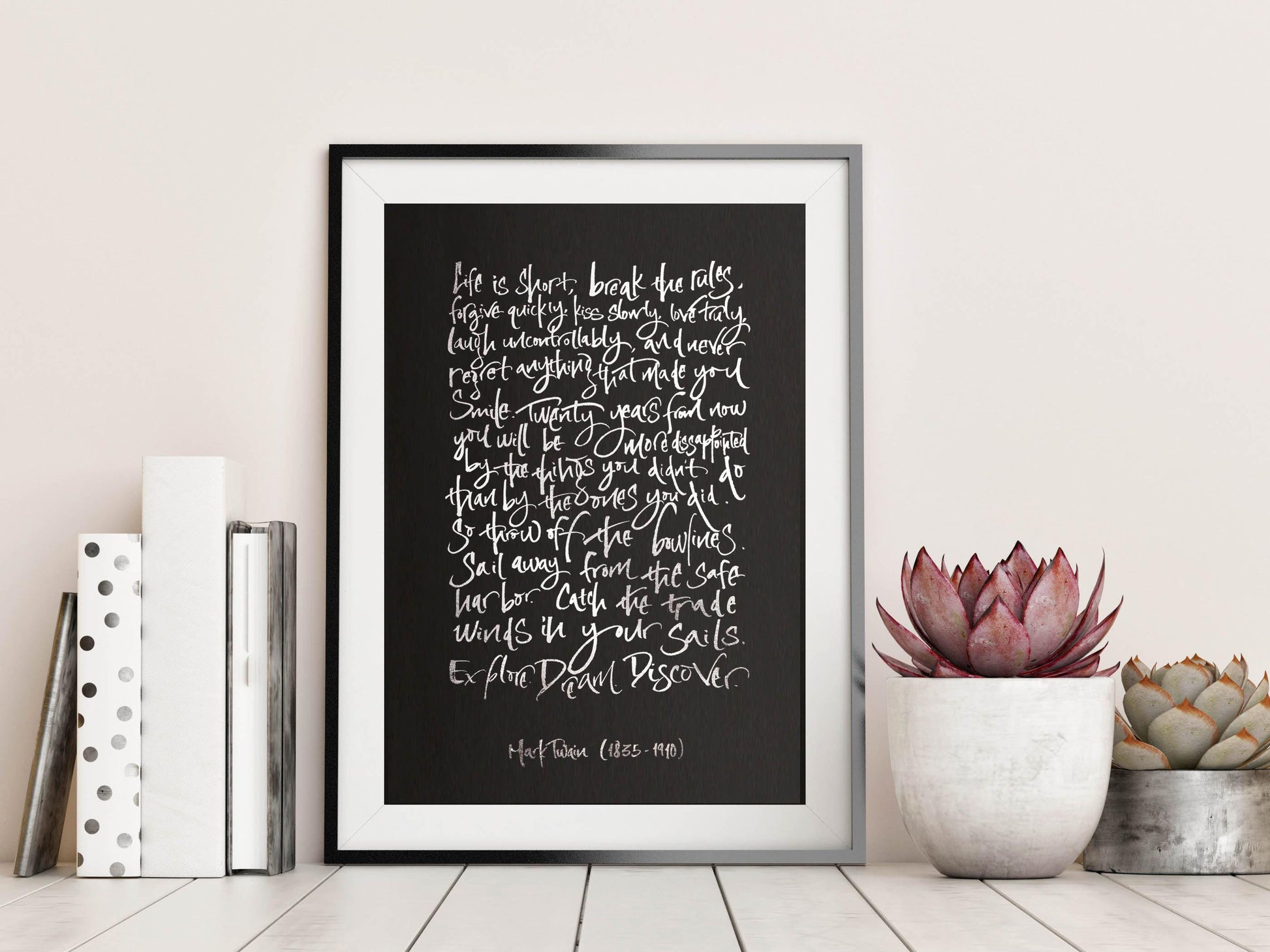 Mark Twain Framed Print- Life Is Short Quote Print Calligraphy Foiled - Motivational Quote Silver Foil Artwork - Mark Twain Framed Poster