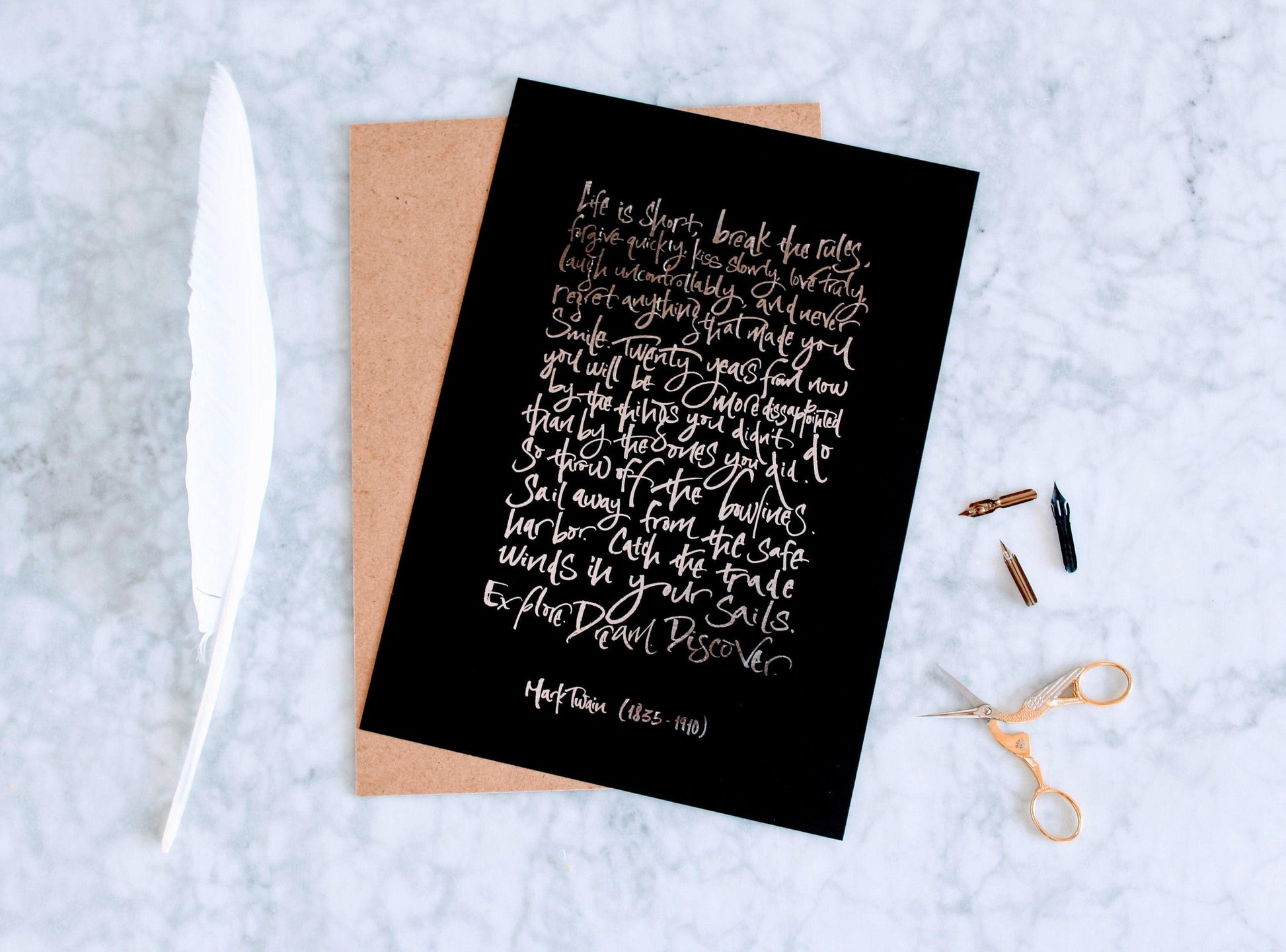 Mark Twain Framed Print- Life Is Short Quote Print Calligraphy Foiled - Motivational Quote Silver Foil Artwork - Mark Twain Framed Poster