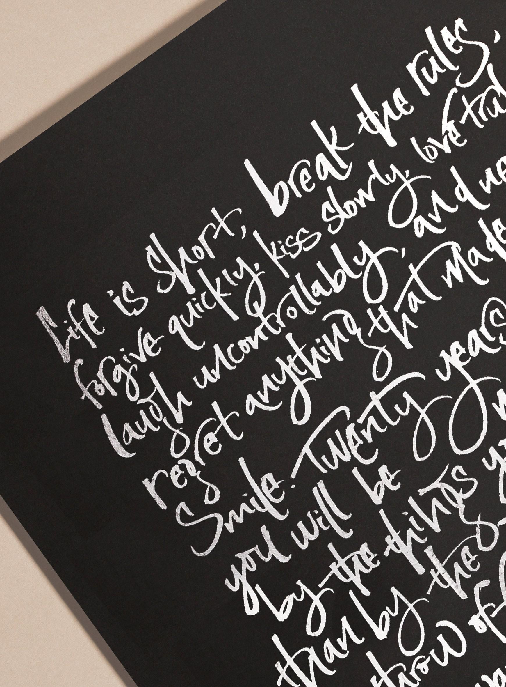 Mark Twain Framed Print- Life Is Short Quote Print Calligraphy Foiled - Motivational Quote Silver Foil Artwork - Mark Twain Framed Poster