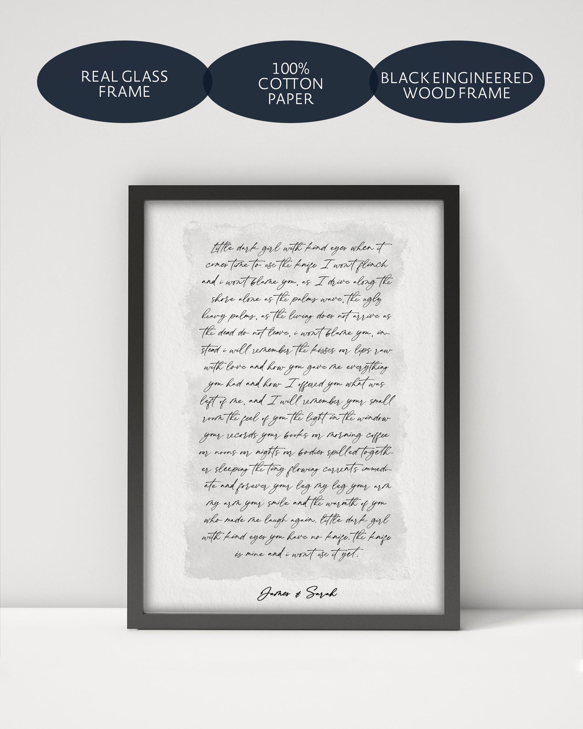 cotton print with black glass frame, custom wedding song poster framed, paper anniversary and cotton anniversary, custom print song lyrics, poem print cotton paper, wedding vows