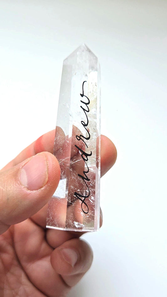 healing stone crystal point wand personalised with calligraphy name placement wedding keepsake event