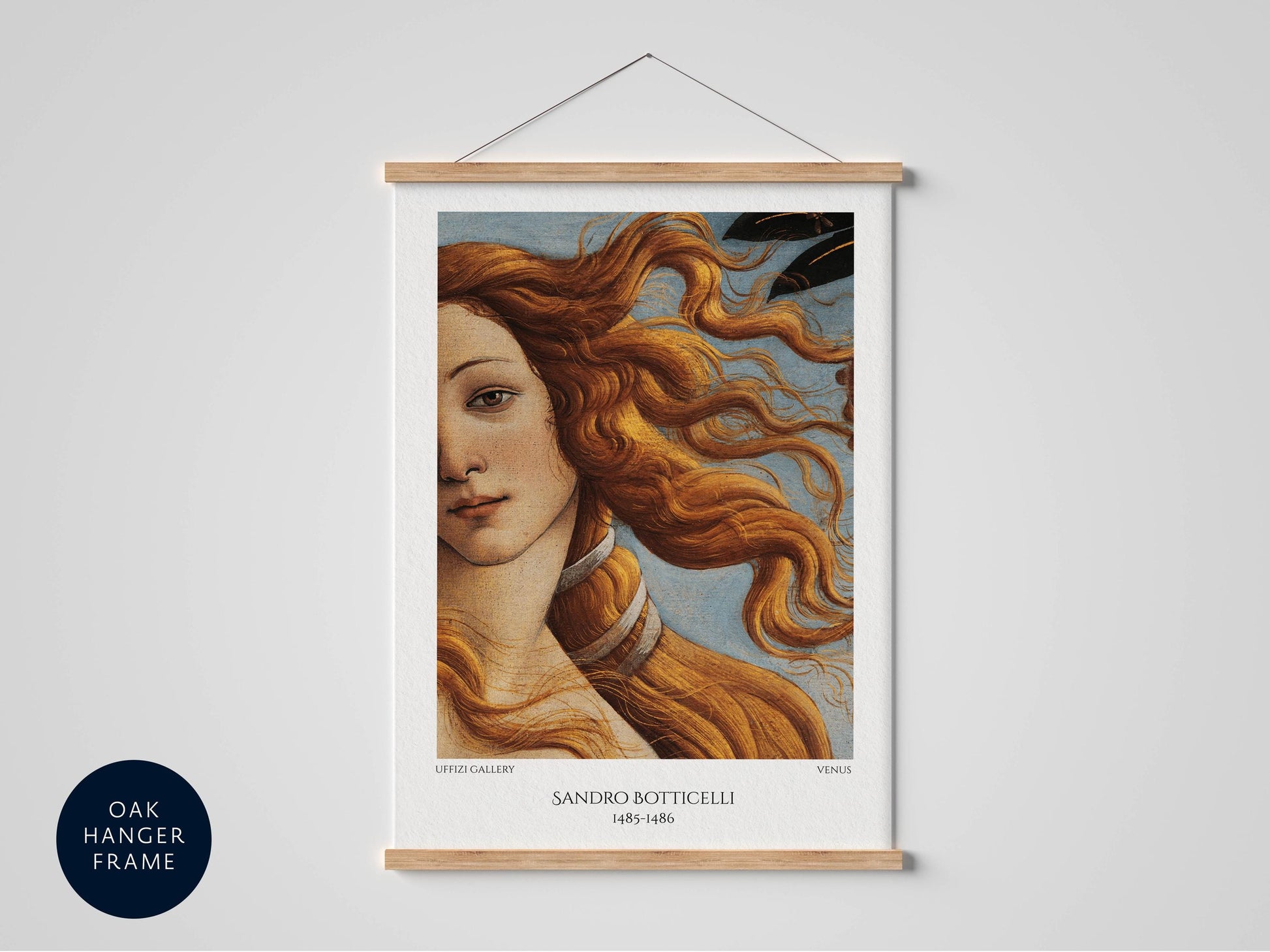 The image is a framed print of the painting "The Birth of Venus" by Sandro Botticelli, which depicts a woman with flowing hair and a serene expression.