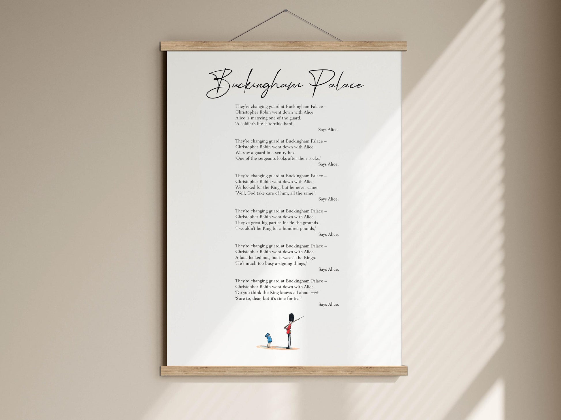 The image is a poster with a poem titled "Buckingham Palace" written in black text. The poster is mounted on a wooden frame and features a small illustration of a person and a dog.