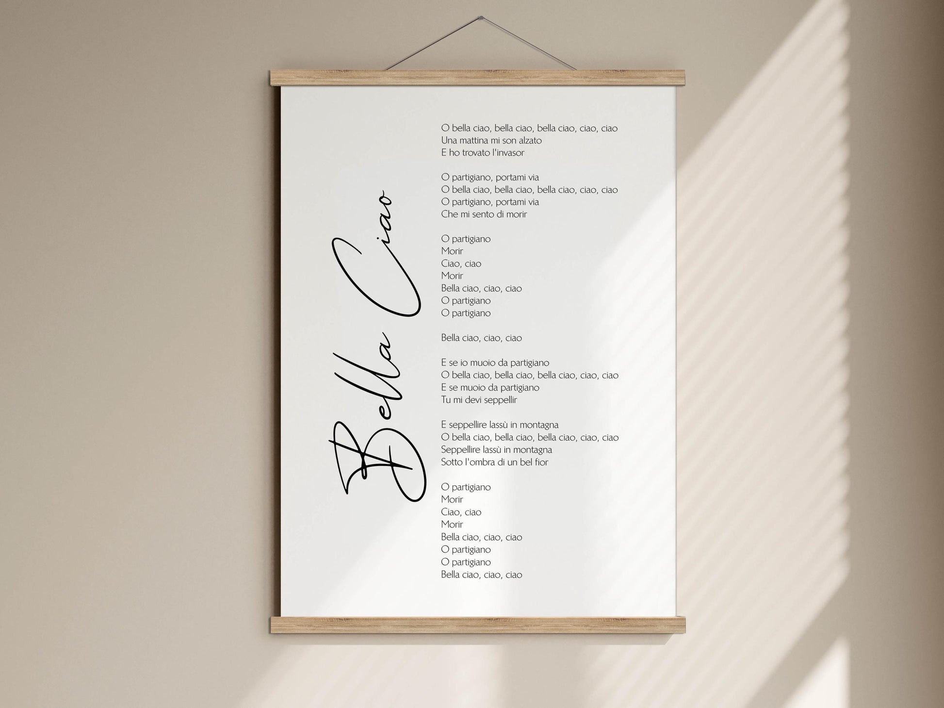 The image is a poster with a list of words written in black ink. The words are arranged in a column format, and the poster is hanging on a wall.