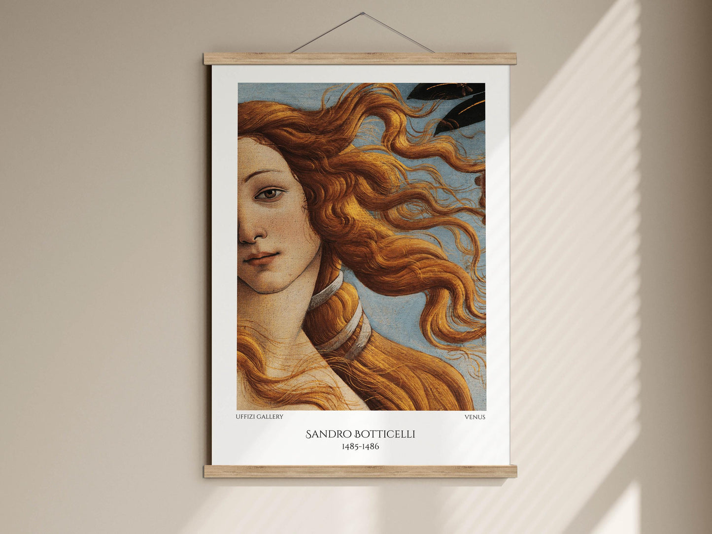The image is a framed painting of a woman with flowing hair, displayed on a wall.
