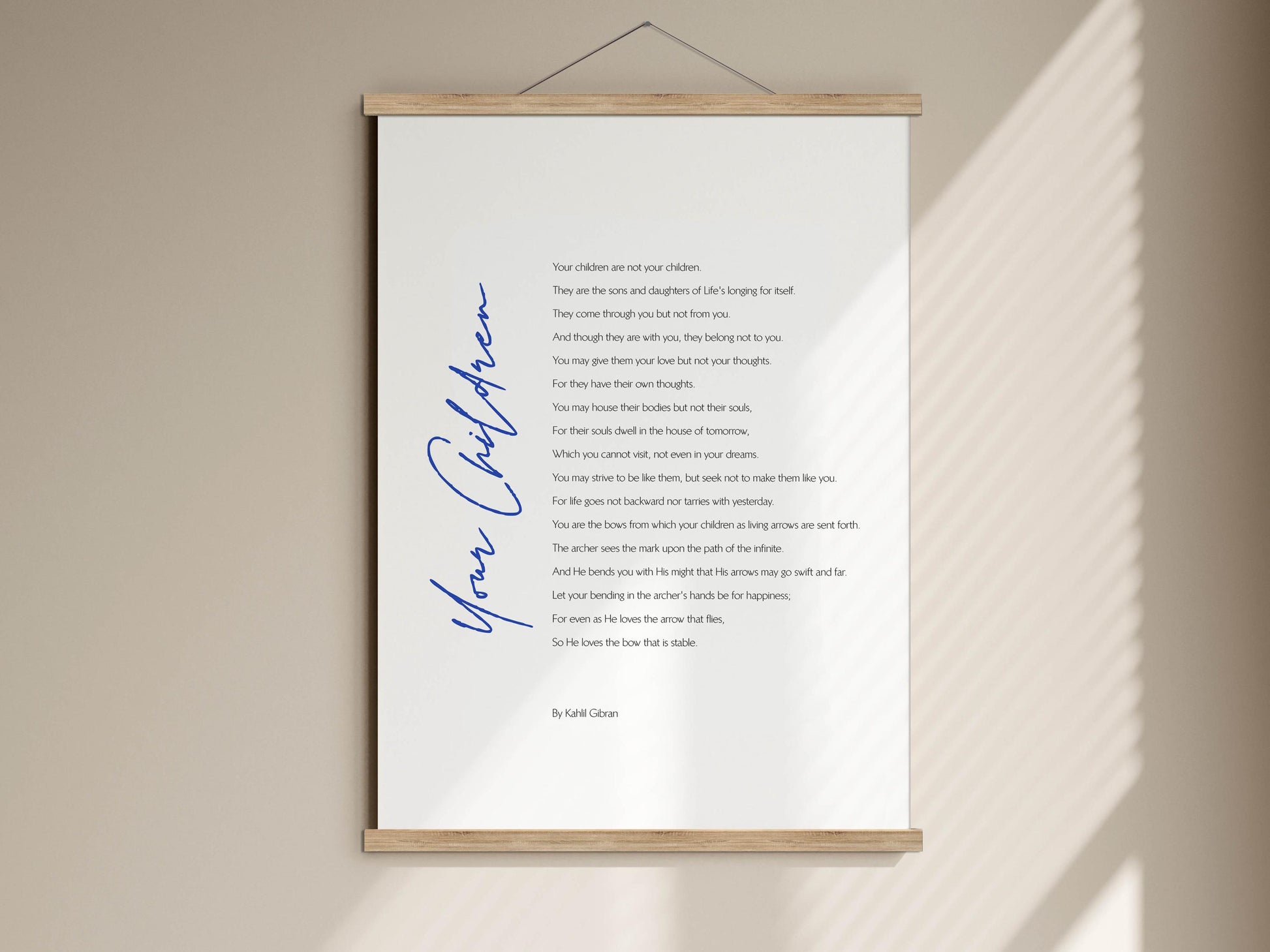 The image is a poster with a poem titled "Your children are not your children" written in blue cursive font.
