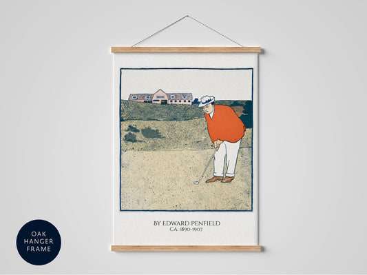 A framed illustration of a man in an orange shirt and white hat playing golf, with a building in the background.