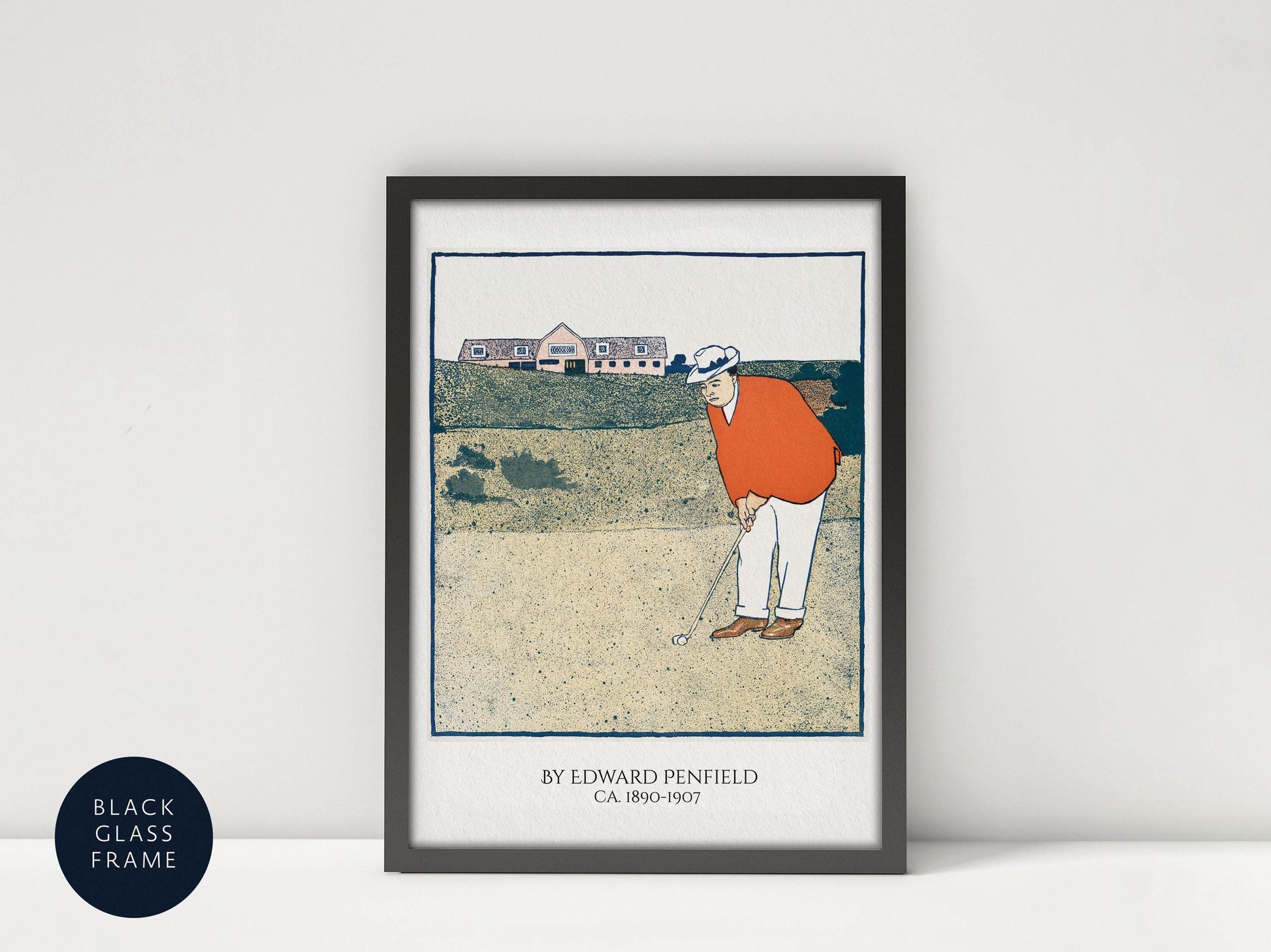 A framed illustration of a golfer in an orange shirt and white pants, holding a golf club and preparing to take a swing on a golf course.