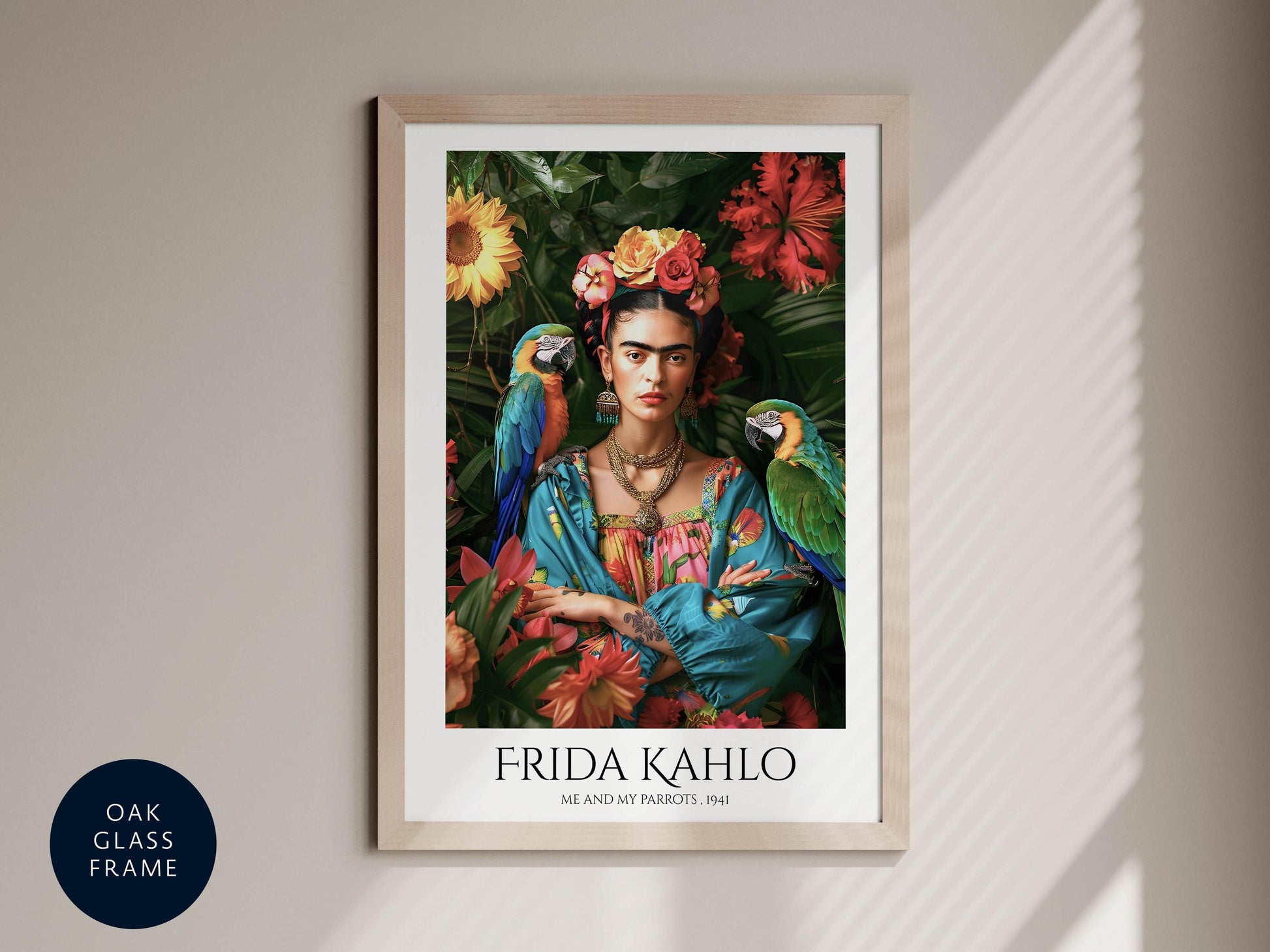 The image is a framed print of Frida Kahlo, a famous Mexican artist, surrounded by tropical flowers and birds.