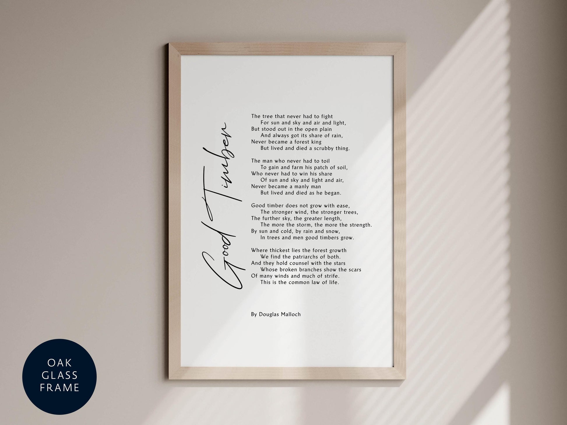 a framed poem titled "Good Morning" by Douglas Malloch, with a black and white color scheme.