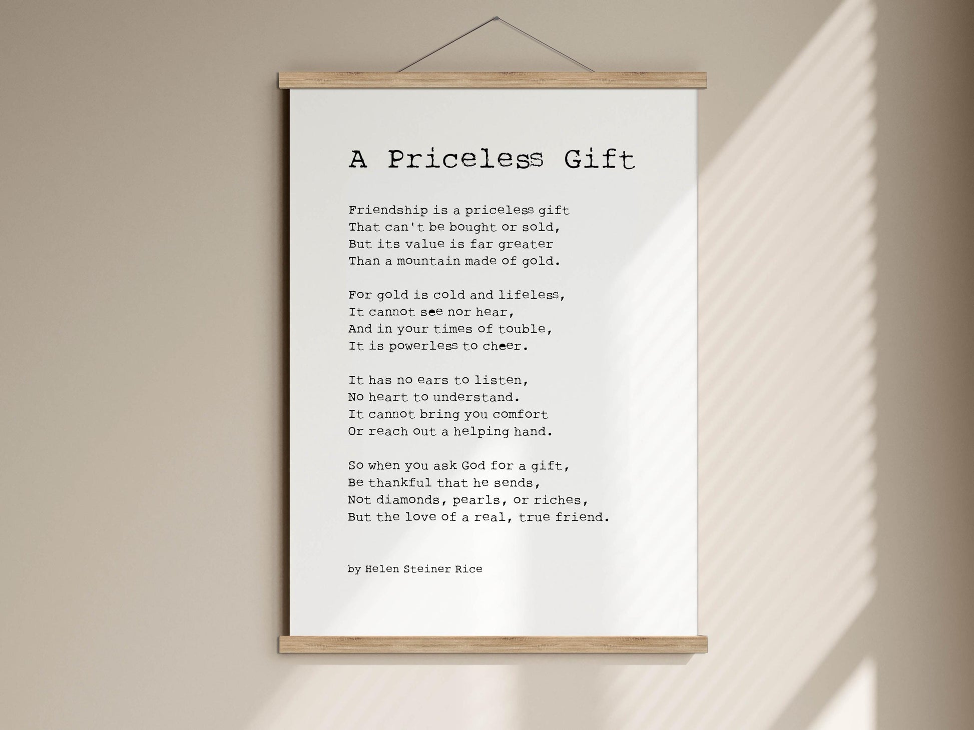 A white poster with a poem titled "A Priceless Gift" by Helen Stein Rice.