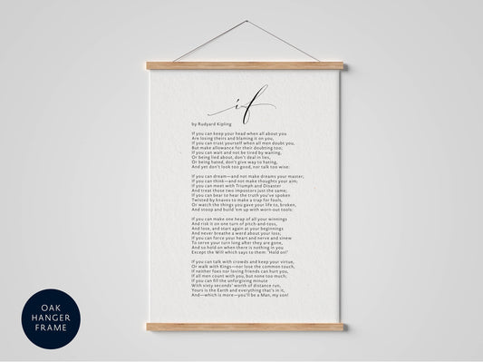 a framed poem titled "If" by Rudyard Kipling, which is hanging on a wall. The poem is written in a cursive font and is framed by a wooden hanger. The image does not contain any text or additional objects, and the focus is solely on the framed poem.