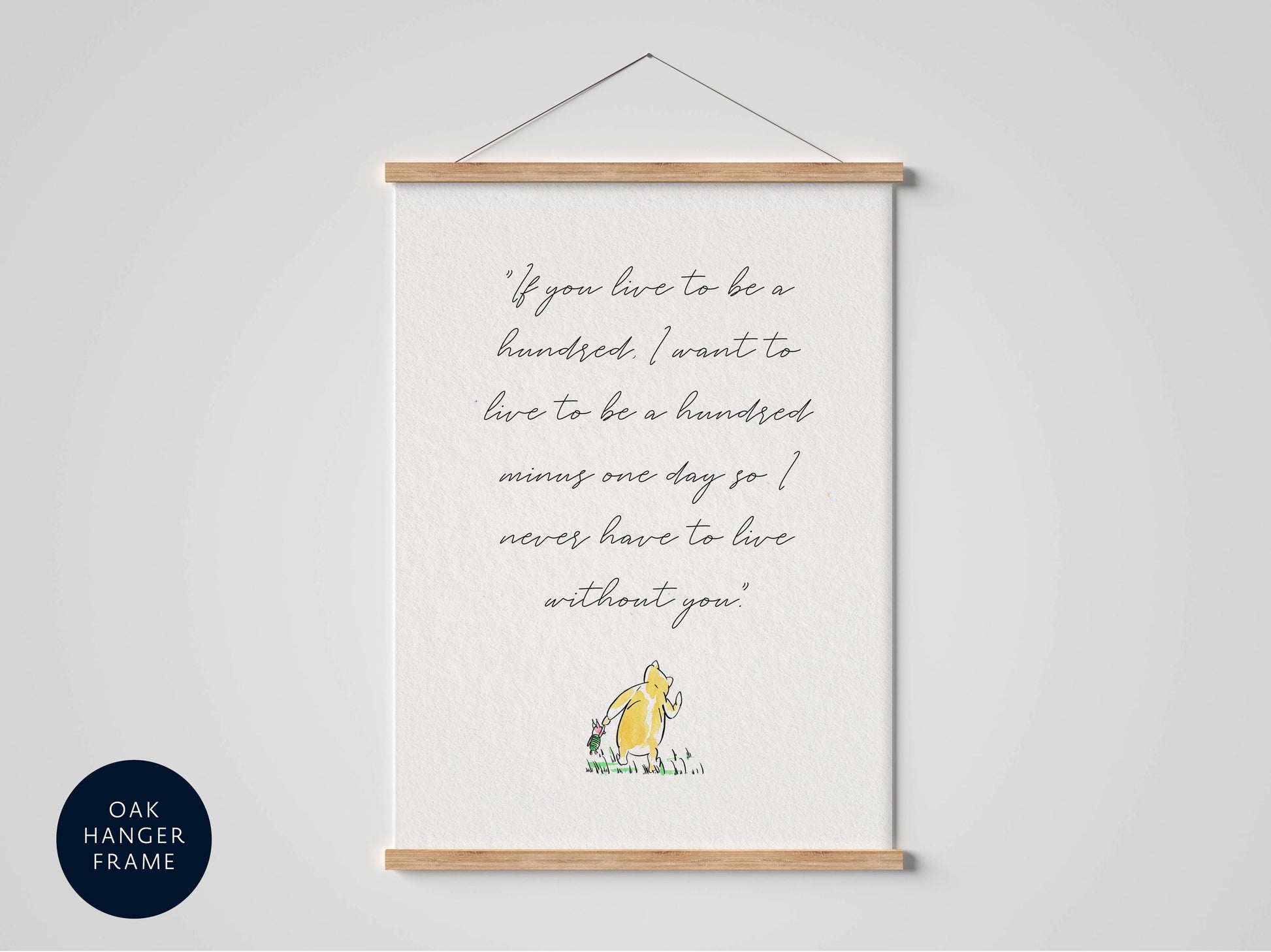 a quote from the classic children's book "If You Live to Be a Hundred I Want to Live to Be a Hundred" by A. A. Milne, which is displayed on a white poster frame hanging on a wall.