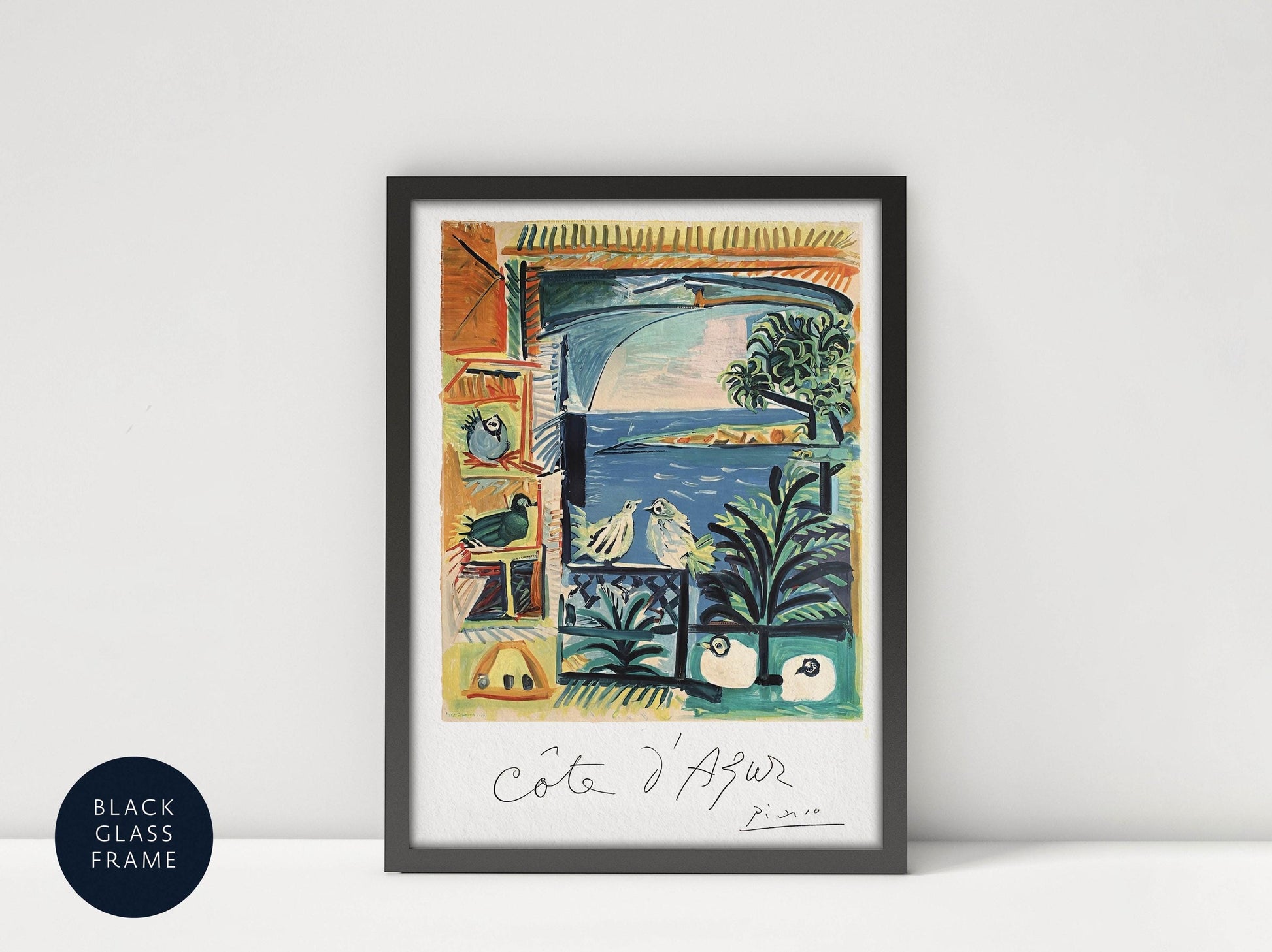The image is a framed artwork depicting a colorful and vibrant scene with various elements, including birds, plants, and a body of water.