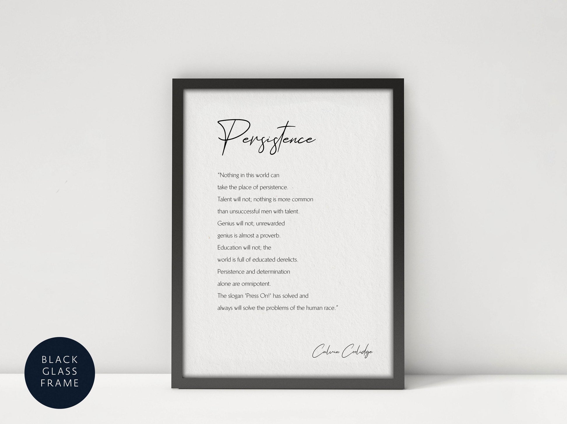 a framed poem titled "Persistence" by Celeste Colby. The poem is written in black cursive font and is displayed on a white background. The frame has a black border and the text "BLACK CLASS FRAME" is visible at the bottom left corner.