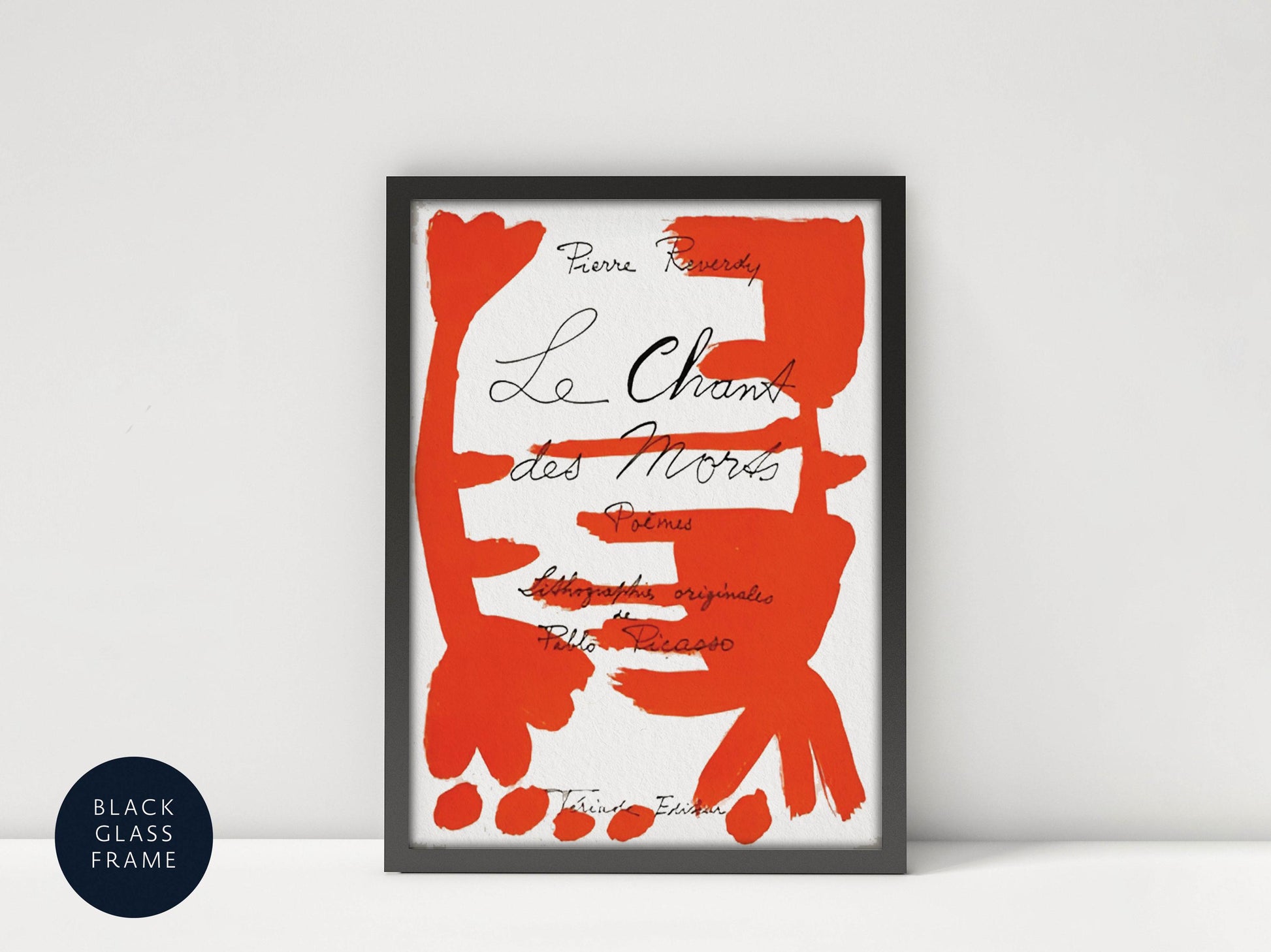 The image is a framed poster with a bold, red abstract design featuring various shapes and lines.