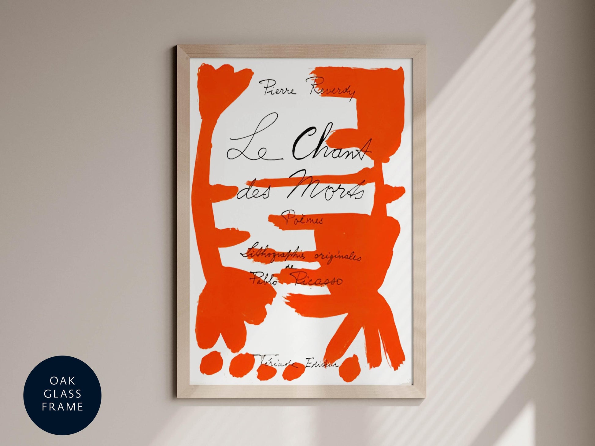 The image is a framed poster with an abstract design in orange and white colors.