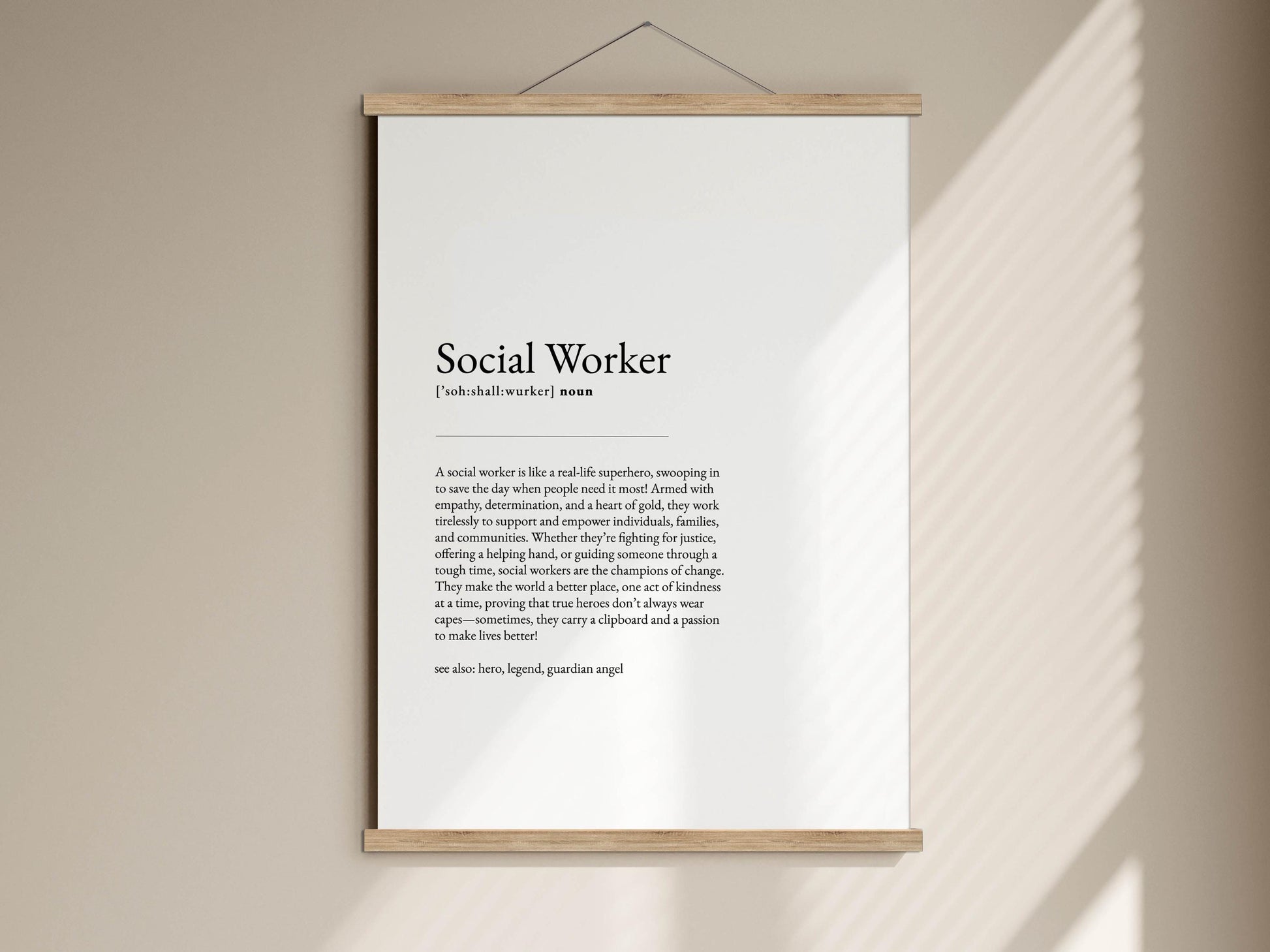 The image is a poster or artwork that defines a social worker, providing a definition and explanation of their role and responsibilities.