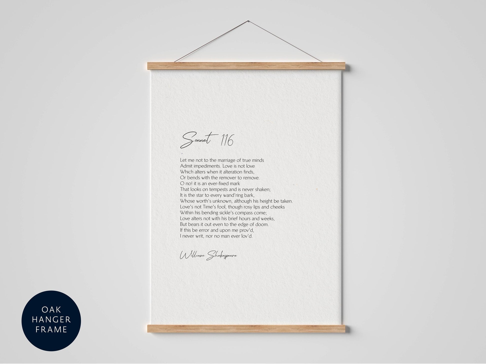 a white poster with a poem titled "Samentary" by William Shakespeare, hanging on a wall.