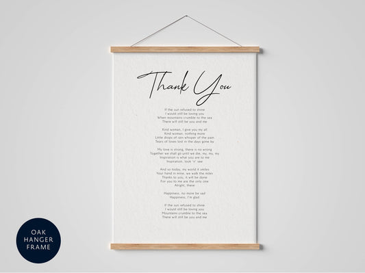 The image is a framed print of a poem titled "Thank You" hanging on a wall. The poem is written in a cursive font and includes a list of thanks and appreciation for someone named John. The poem expresses gratitude for the sun, rain, and the beauty of nature. The image does not contain any additional information beyond the title and the poem.