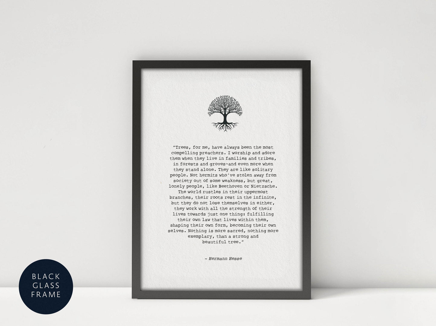 a framed quote by Hermann Heise, which is a quote about the importance of trees and their role in sustaining life on Earth.