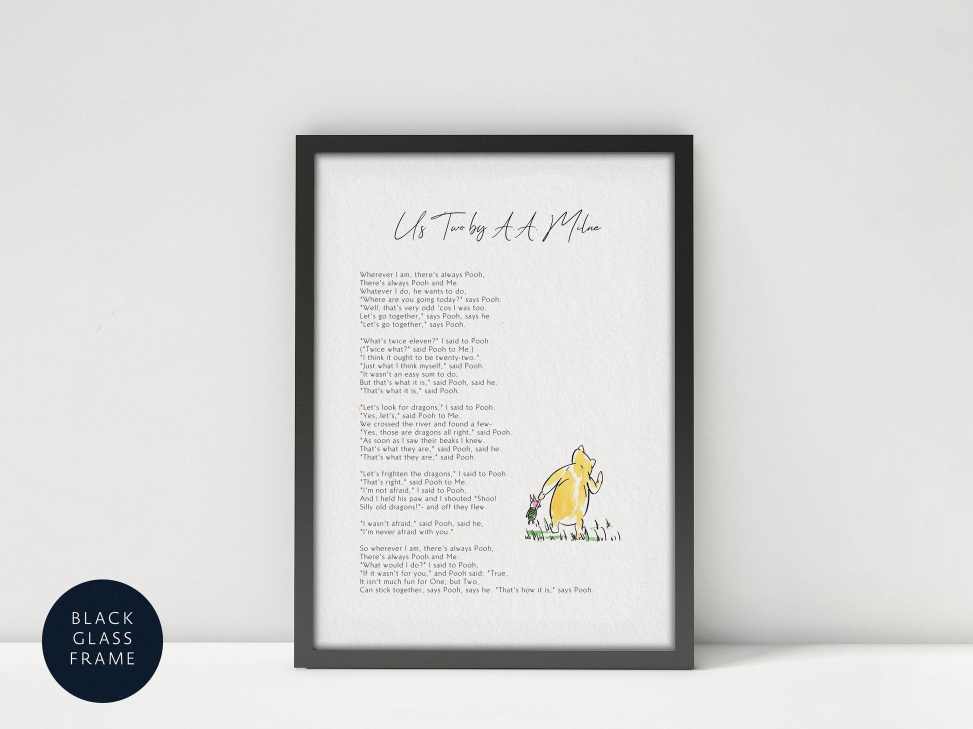 a framed print of a poem titled "Us Two by a Mile" with a yellow duck illustration.