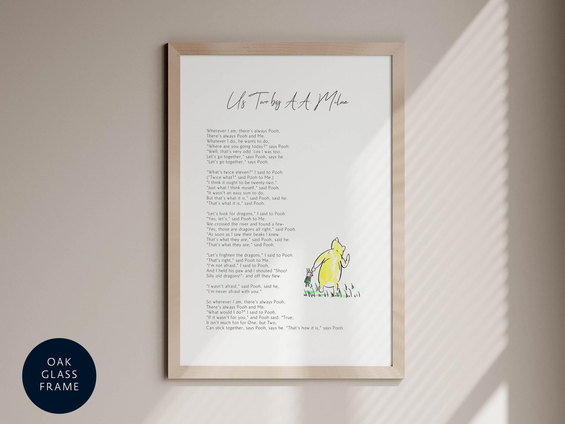 The image is a framed print of a poem titled "Us Two by a Moo" by Pooh, featuring illustrations of the characters from the story.