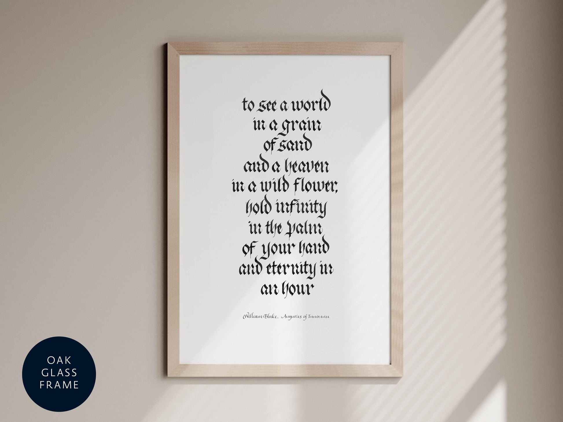 a framed quote in a Gothic-style font, which is described as a "Gothic-style quote" and "Gothic quote" in the provided text. The quote is set against a white background and is framed by a wooden border.