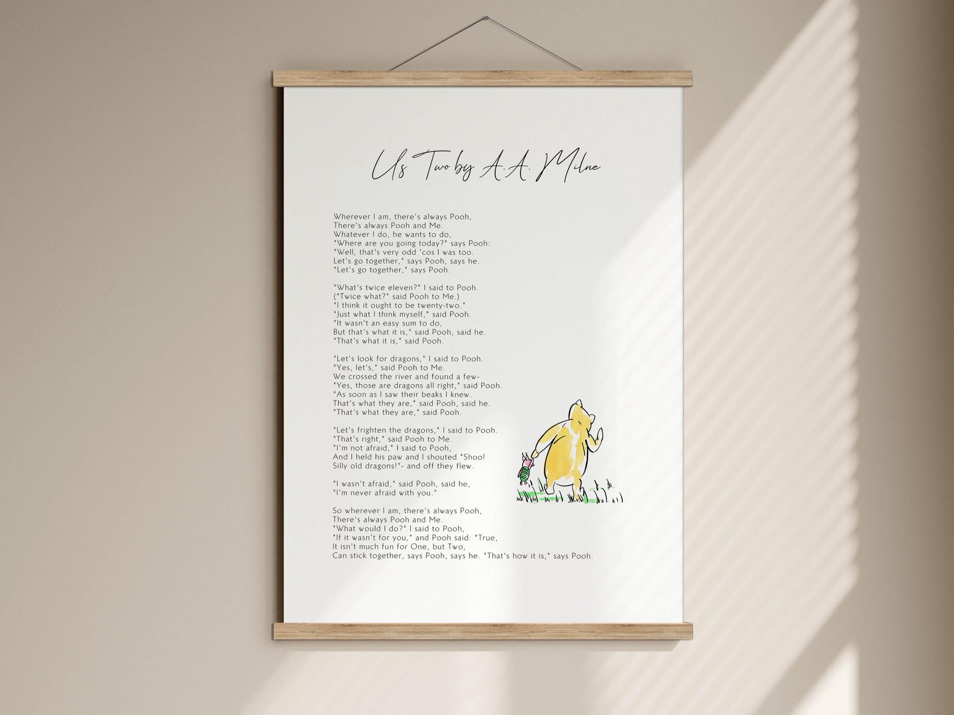 The image is a poster featuring a poem titled "Us Two by a M Mile" with a yellow illustration of a character from the story of Winnie the Pooh.