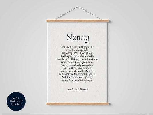 a framed poem titled "Nanny" by Love Ava Se Thomas, which is a special kind of person, a hand to always keep safe, and a person who always keeps you feeling safe. The poem is filled with warmth and love, and it expresses gratitude for everything the nanny does and everything the nanny would still pick. The poem is hung on a wall, and the image also includes a logo for the "OAK HANGER FRAME" brand.