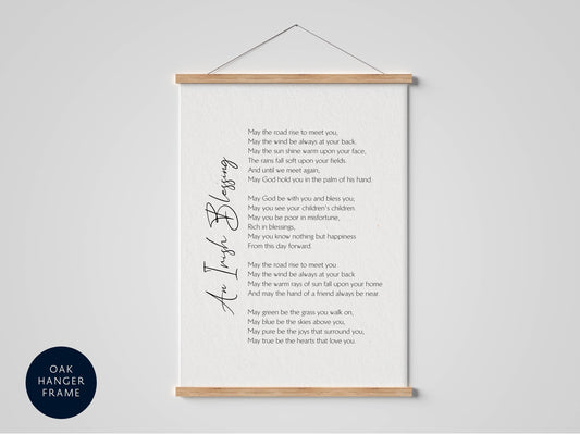 The image is a framed print with a poem titled "An Irish Blessing" written in black ink on a white background.
