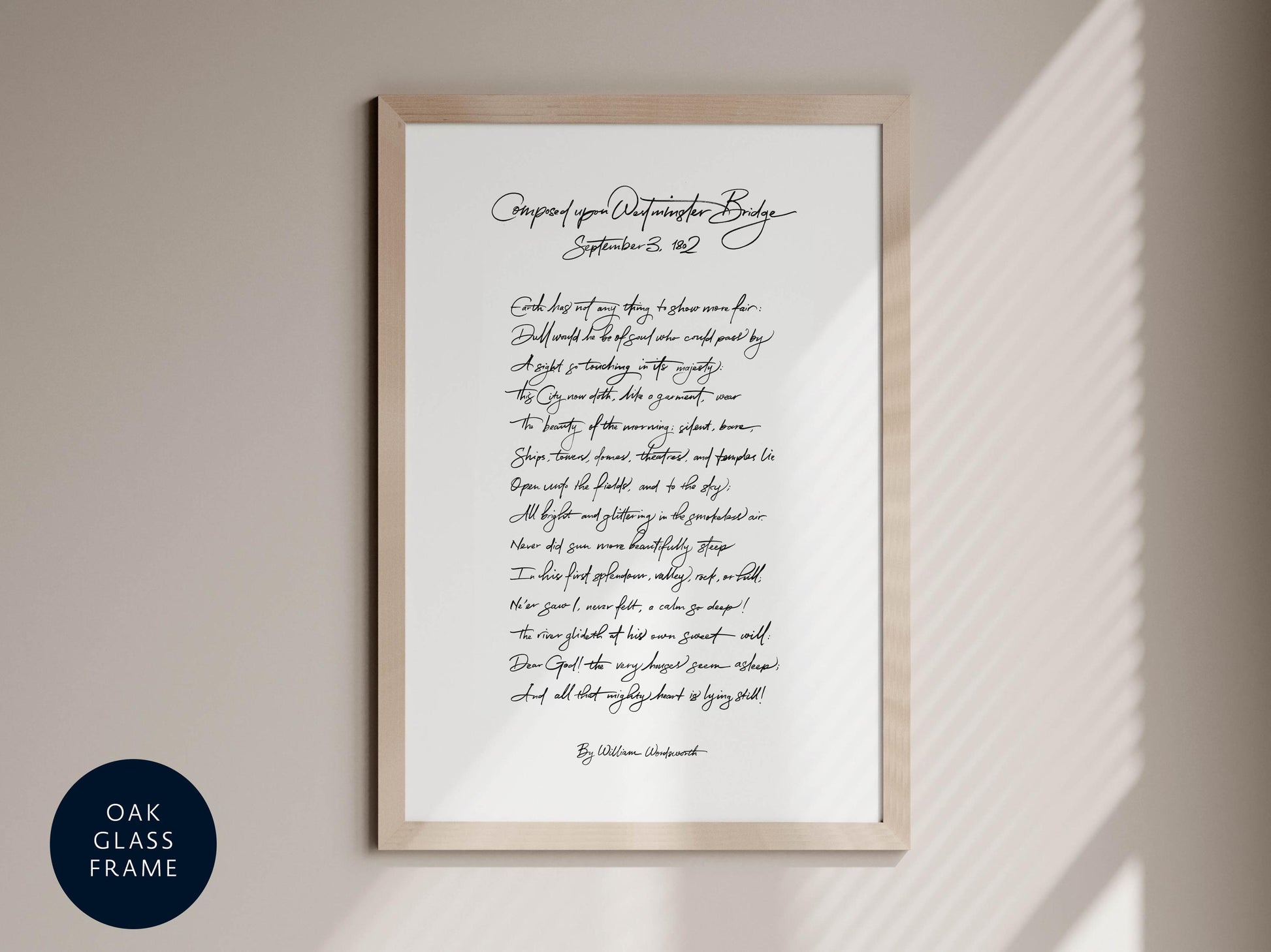a framed print of a handwritten poem titled "Comparing your Outward beauty to the beauty of the Lord" by William Wordsworth, with the date September 8, 1819.