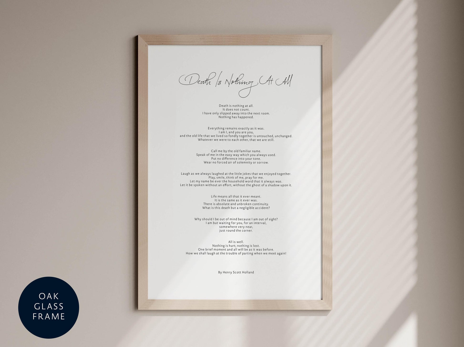 a framed poem titled "Death is Nearing At All" by a person named Henry Louis. The poem is written in a cursive font and is displayed on a wall. The poem is described as a "poem" and "poem frame" and is framed in a wooden frame. The image also includes a blue circle with the text "OAK FRAME" and "CLASS FRAME" written on it.