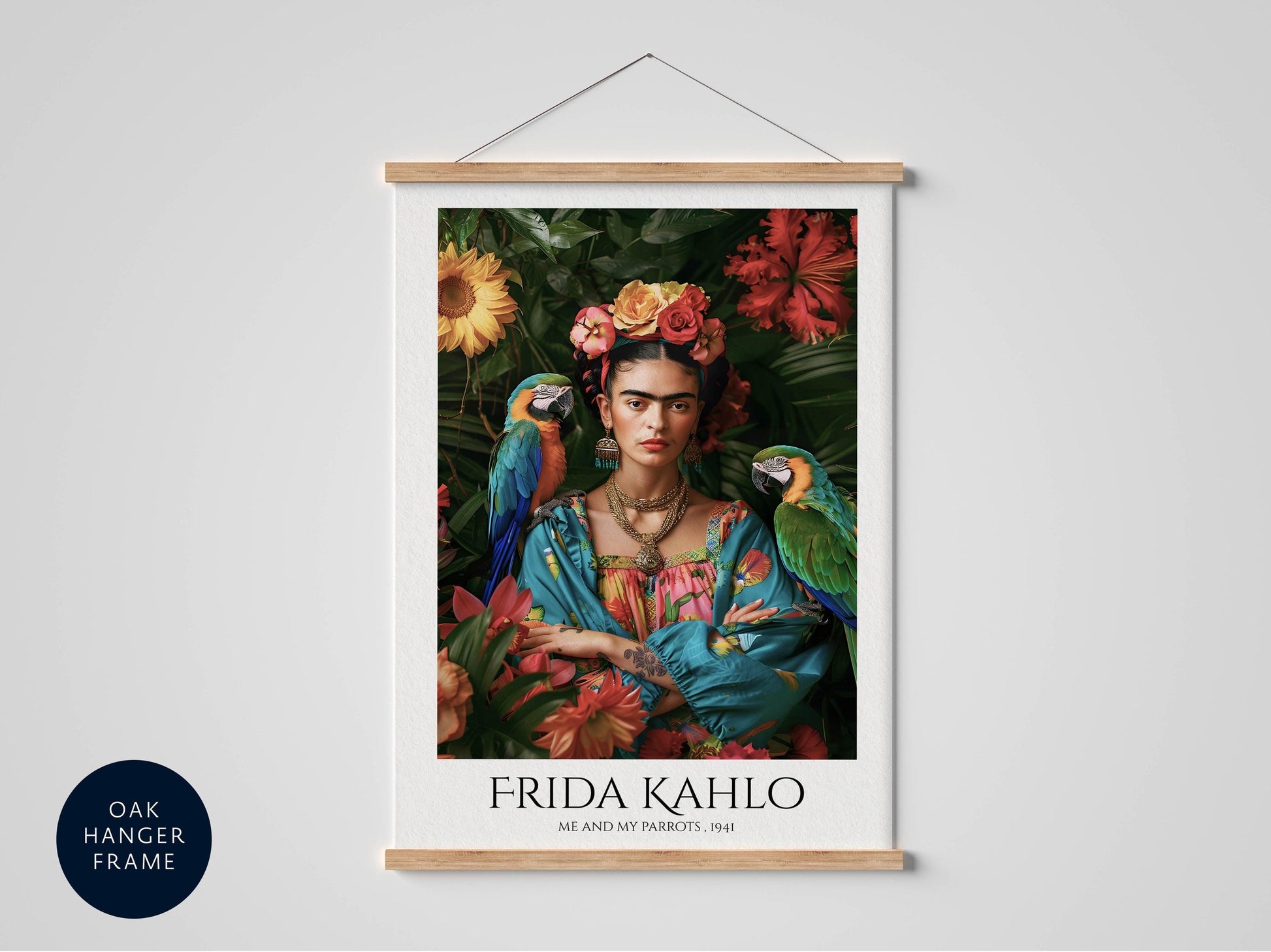 The image is a framed print of a portrait of Frida Kahlo, a famous Mexican artist, surrounded by tropical flowers and birds.