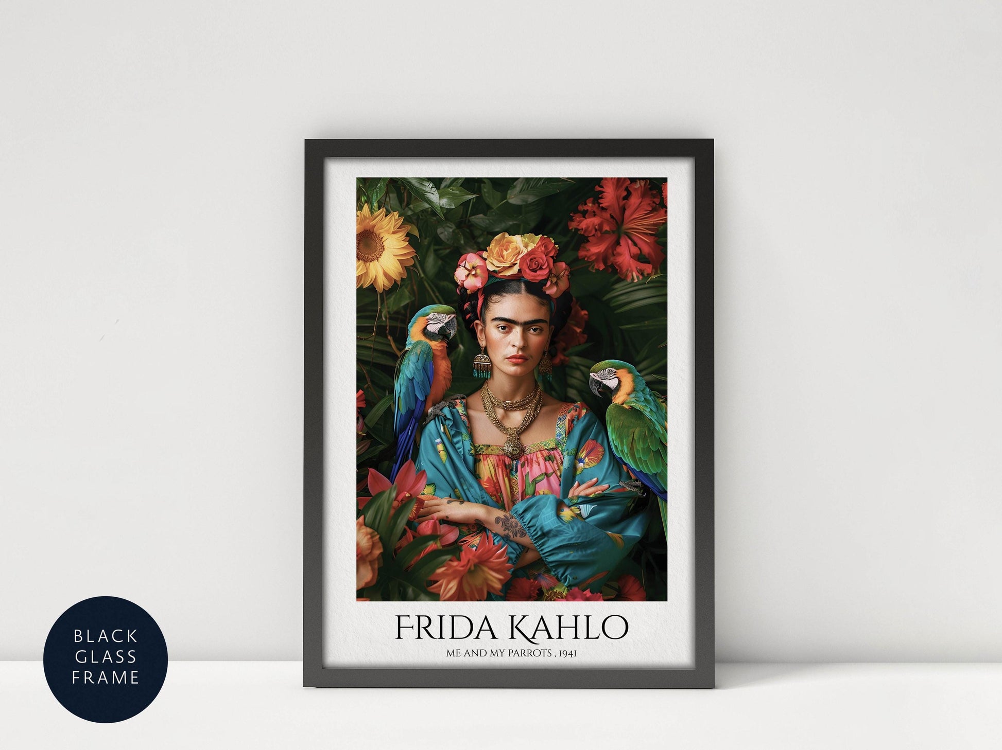 The image is a framed poster featuring a portrait of Frida Kahlo, a famous Mexican artist, surrounded by tropical flowers and birds.