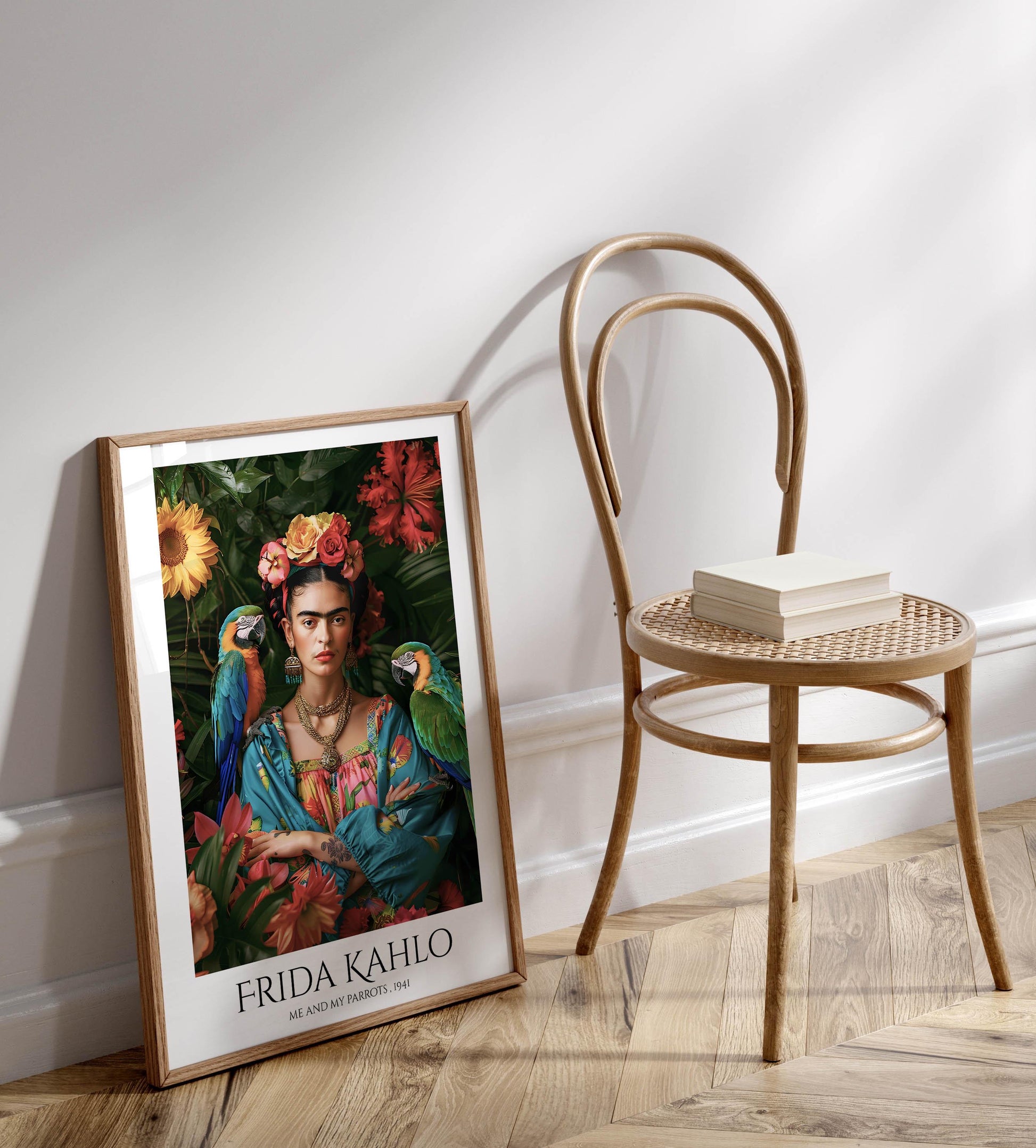 a framed poster of Frida Kahlo, a famous Mexican artist, displayed on a wall next to a wooden chair.