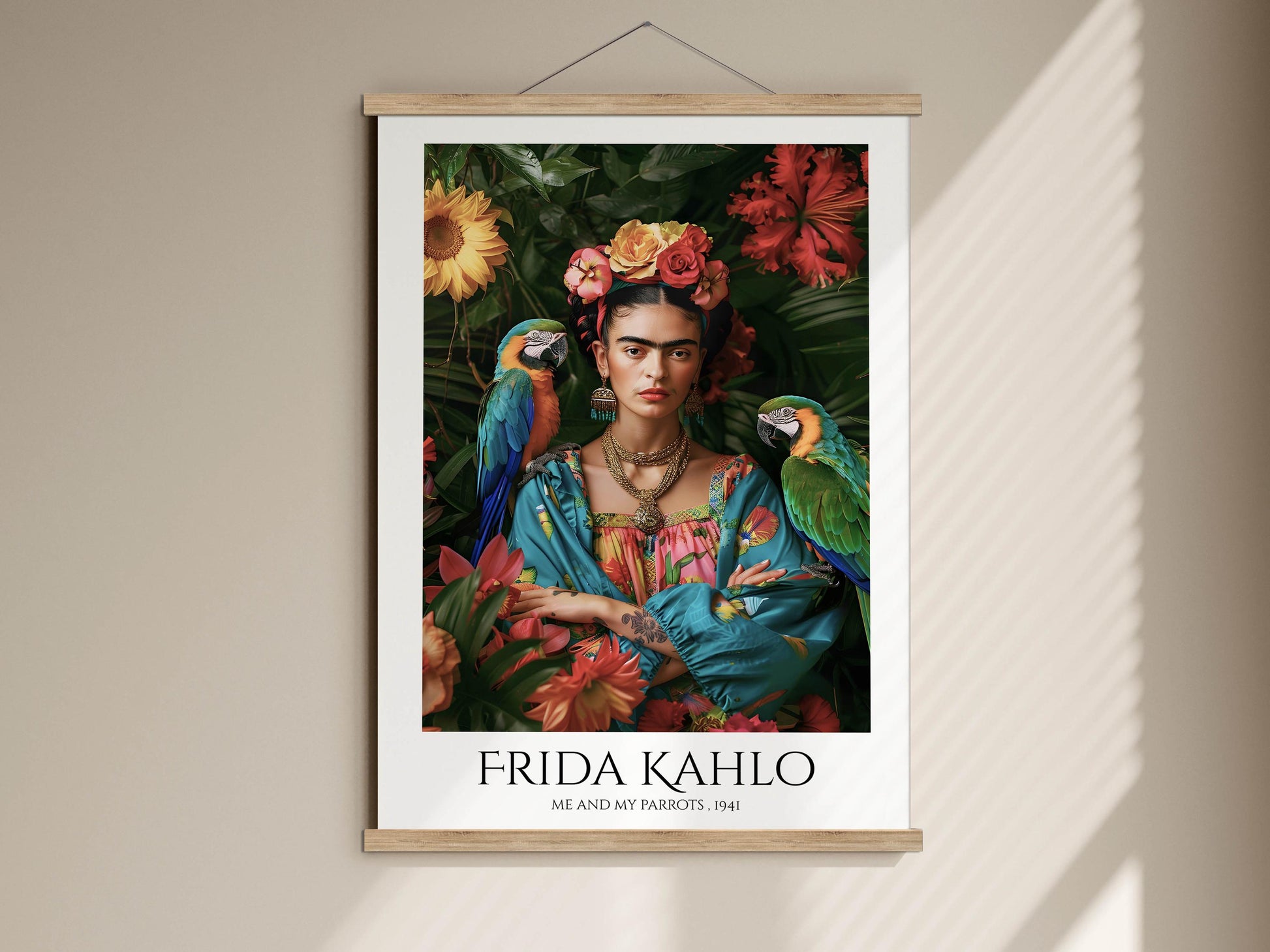 The image is a framed poster of Frida Kahlo, a famous Mexican artist, surrounded by tropical flowers and birds.