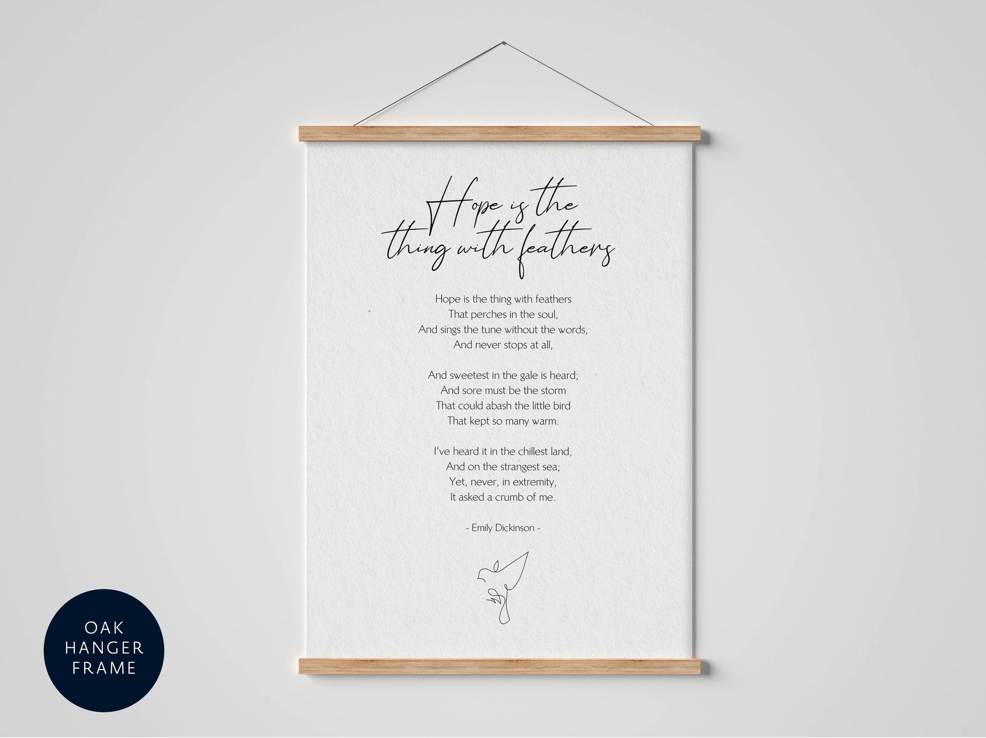 The image is a framed print of a poem titled "Hope is the thing with feathers" by Debbie Davidson.