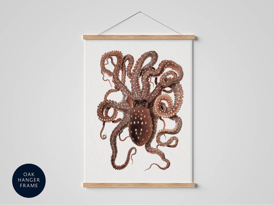 an illustration of an octopus with its tentacles spread out, hanging on a wall.