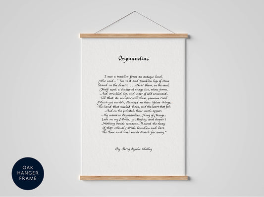 a framed poem titled "Ozymandias" by Percy Shelley, which is a collection of poems by the famous poet William Wordsworth. The poem is displayed on a white wall, and the frame has a wooden hanger. The image does not contain any additional text, and it is a single, uncluttered image that focuses on the poem and its presentation.