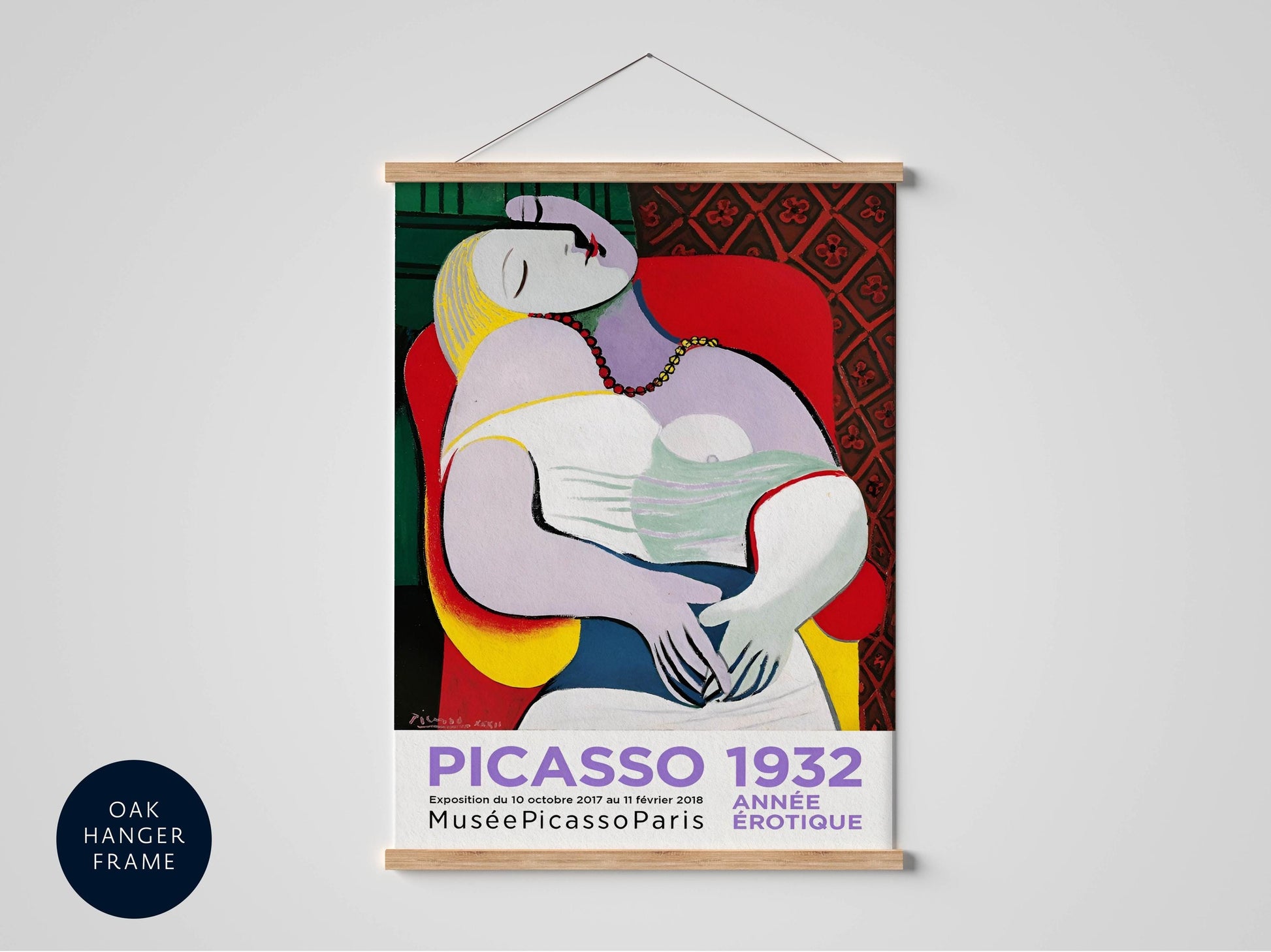 A framed poster of the painting "PICasso 1932" by the artist Anne Seigneur-Nouvelle, hanging on a wall.