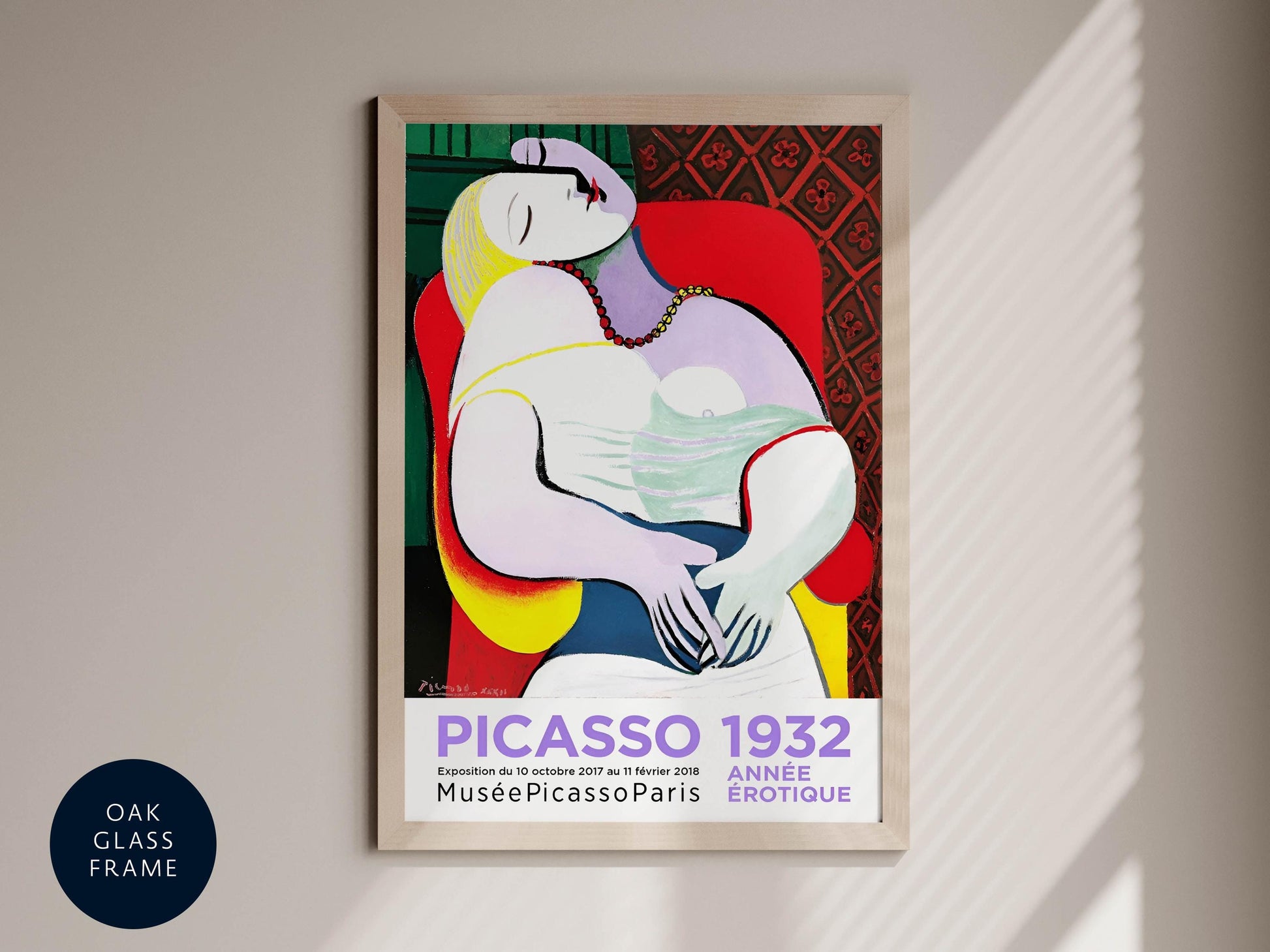 The image is a framed poster of the painting "PICasso 1932" by an unidentified artist, depicting a woman in a reclining position.