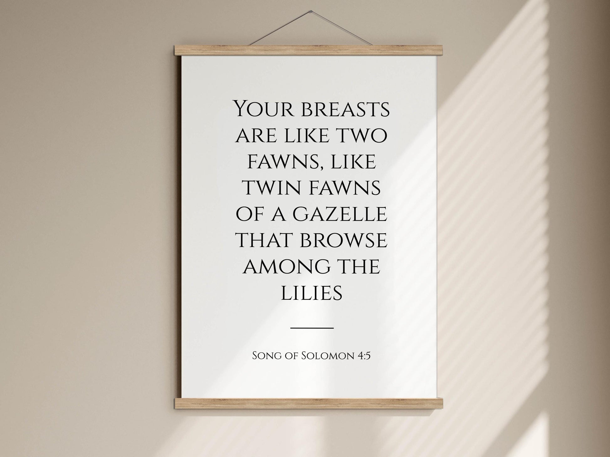 a quote from the song of Solomon 4:5, which reads "Your breasts are like two fawns, like twin fawns of a gazelle that browse among the lilies".
