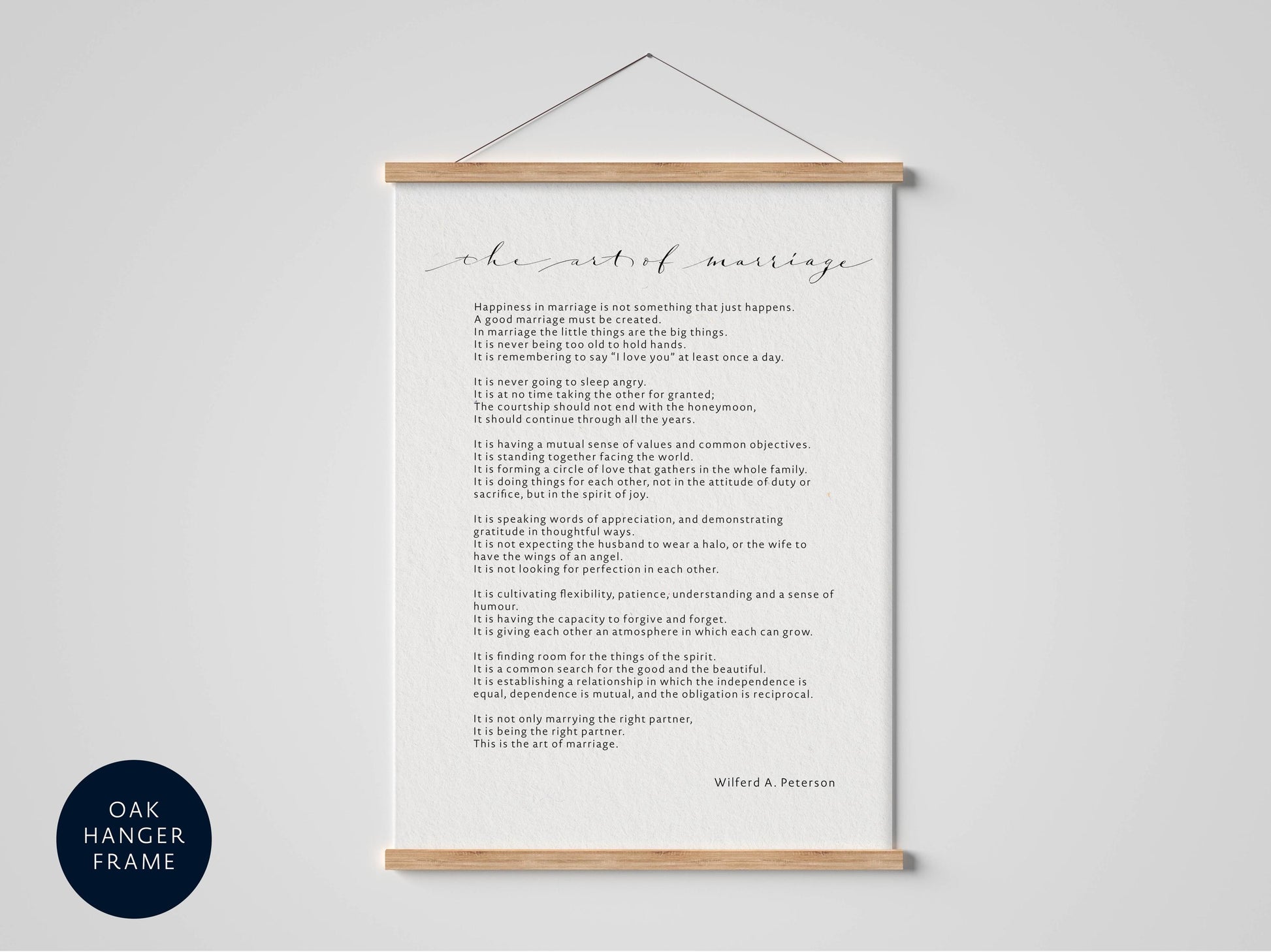 a framed poem titled "The art of marriage" by Wilfred A. Peterson.