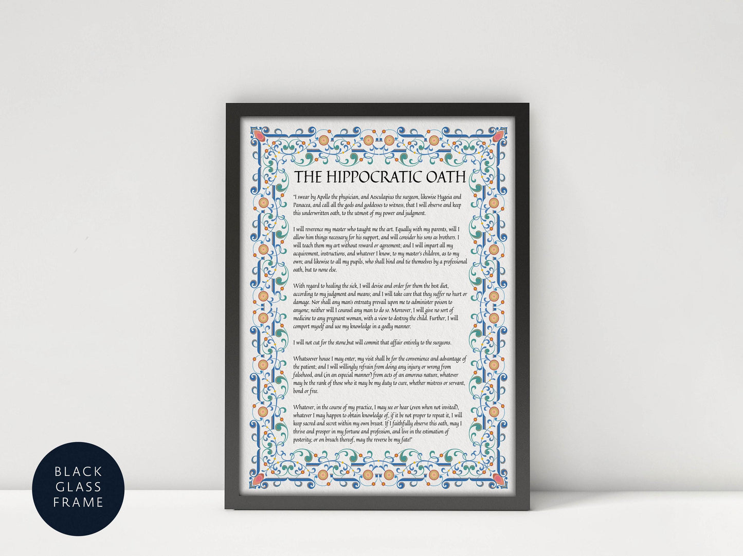 a framed poster with ornate blue and orange border and text, placed on a white surface.