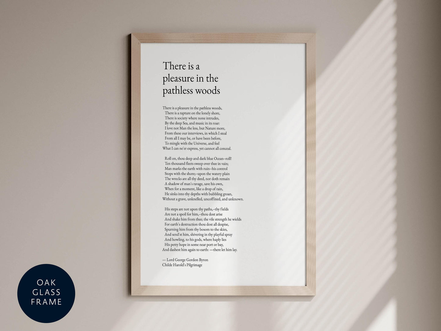 a framed poem titled "There is a pleasure in the pathless woods" by Lord George Gordon-Byrne, with the text "There is a pleasure in the pathless woods" and "The poem is a pleasure in the pathless woods" visible.