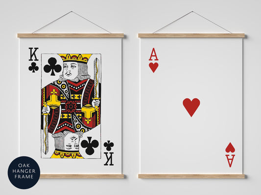 a framed print of a King of Hearts playing card, with the King of Hearts and a heart symbol prominently displayed.