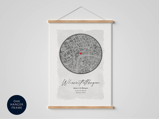 The image is a framed print featuring a map of London with a red heart symbol in the center.